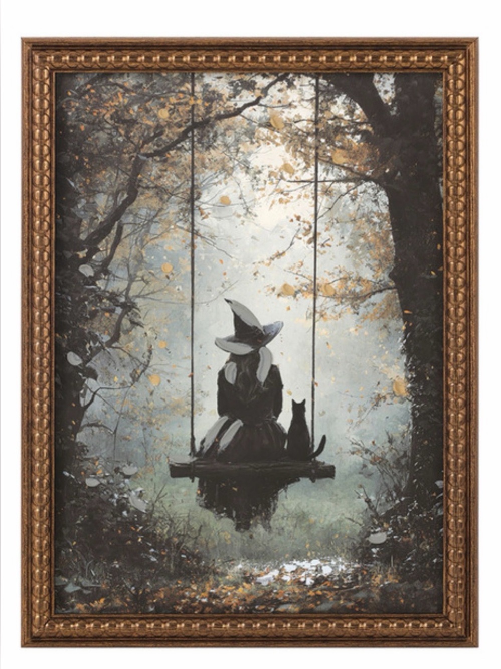Witch & Cat Swing Gold Framed Picture - NWT